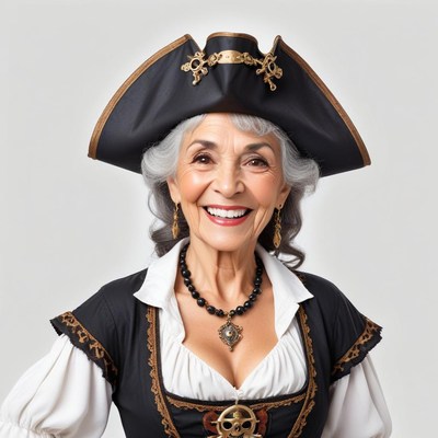 Elderly woman in pirate costume with a joyful expression