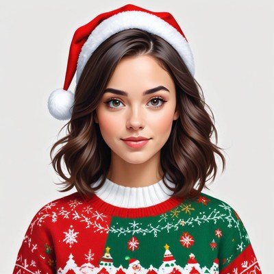 Festive woman in cozy holiday sweater and santa hat