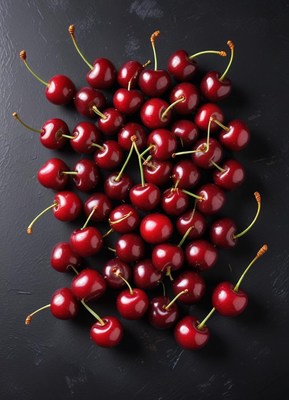 Fresh cherries arranged on a dark surface for display