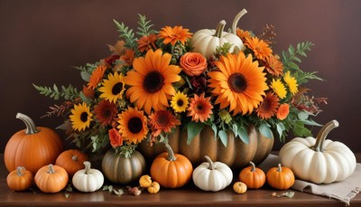 Colorful autumn flower arrangement with pumpkins