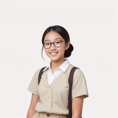 Student smiling in a school uniform with a backpack