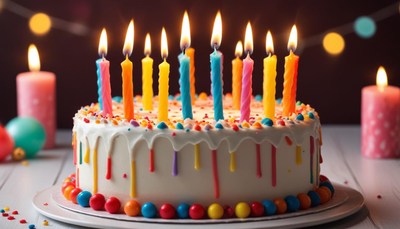 Colorful birthday cake with candles and decorations