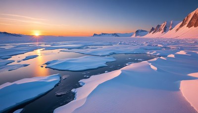 Beautiful sunset over snowy arctic landscape