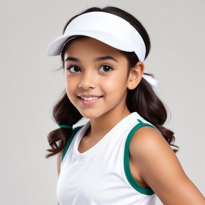 Young girl in sports outfit smiling at indoor studio