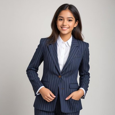 Young professional smiling in a navy striped suit setting