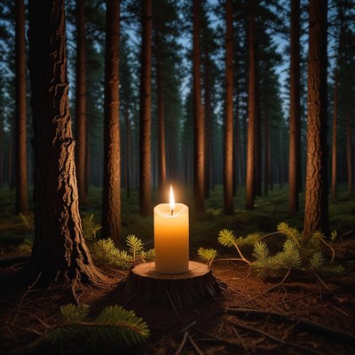 Candle burning in a tranquil forest at dusk