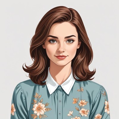 Young woman with brown hair and floral shirt