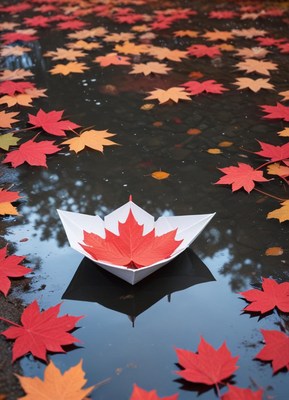 Colorful autumn leaves surround paper boat on water