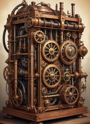Intricate steampunk machinery with gears and pipes