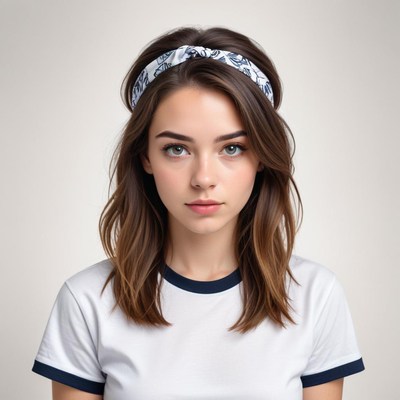 Young woman with a headband in plain white t-shirt
