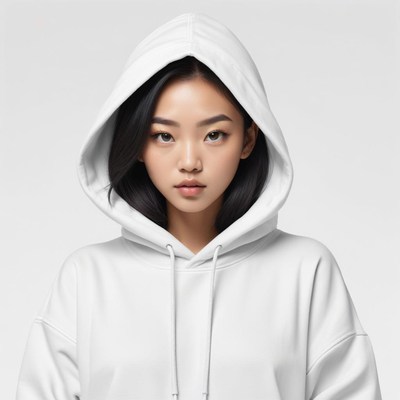 Young woman wearing white hoodie in neutral setting