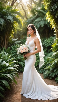 Beautiful bride in a lush garden setting with bouquet