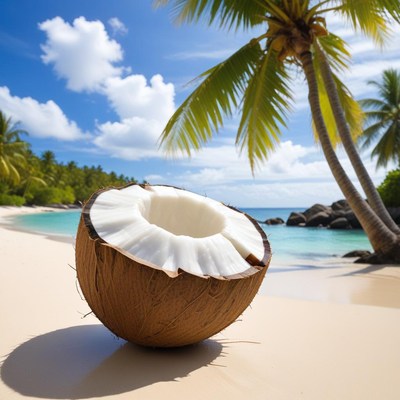 Coconut resting on the sandy beach under a bright sky