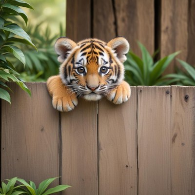 Cute tiger cub peeking over a wooden fence outdoors