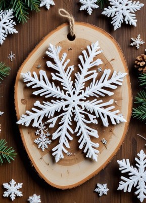 Beautiful white snowflake decor on wooden background