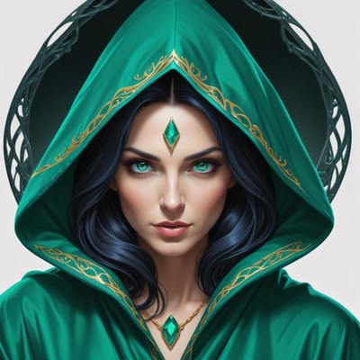 Mysterious woman in a green hooded cloak with gems