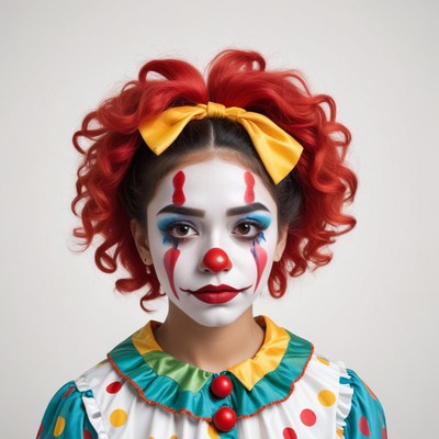Clown with red curly hair poses in colorful costume