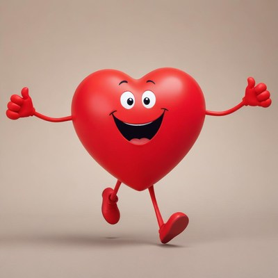 Cheerful red heart character plays and smiles joyfully