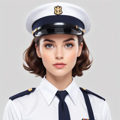Young woman in a uniform hat presents a confident look