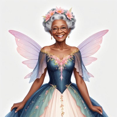 Fairy character with wings in a colorful gown