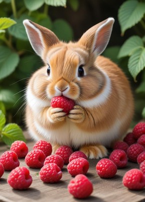 Cute bunny enjoying fresh raspberries in garden
