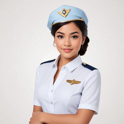 Uniformed flight attendant poses with a confident smile