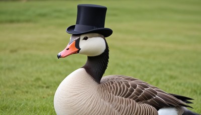 Goose wearing a top hat in a grassy field