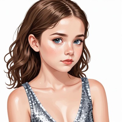 Young girl with curly hair in silver dress