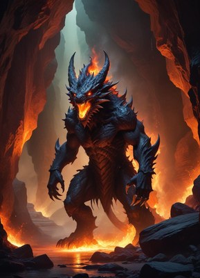 Epic fire dragon in a dark cave scene