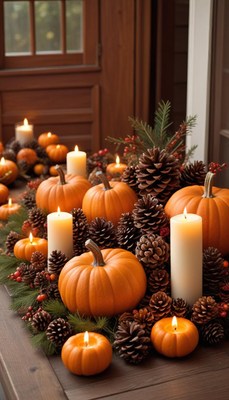 Autumn decorations with pumpkins and candles on table