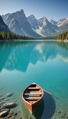 Scenic view of a calm lake with a wooden boat