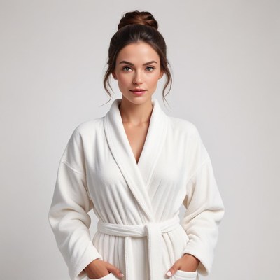 Woman in white robe posing for a studio portrait