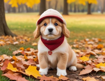 Cute puppy wearing a hat sits among autumn leaves