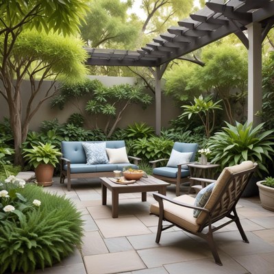 Cozy garden seating area surrounded by lush greenery