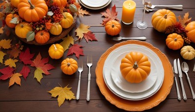 Fall dining table setting with pumpkins and autumn leaves