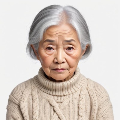 Elderly woman with gray hair wearing a cozy sweater