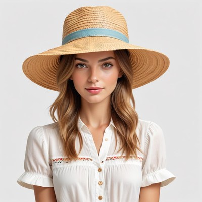 Young woman wearing a straw hat with a blue band