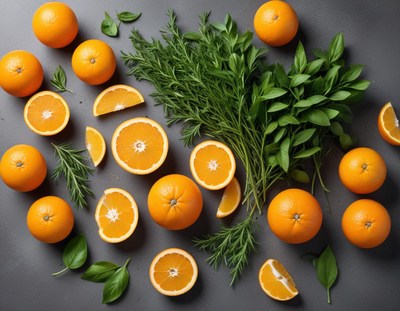 Bright oranges and fresh herbs arranged on a gray surface