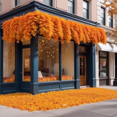 Vibrant autumn leaves transform a storefront into fall art