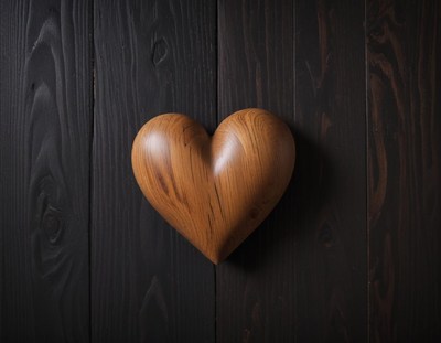 Wooden heart decoration on dark wooden background