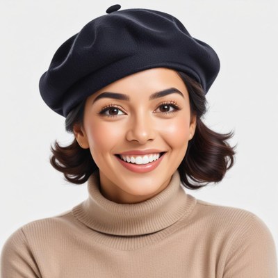 Smiling woman in a beret with stylish sweater