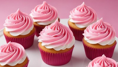 Colorful cupcakes with pink frosting on a pastel background