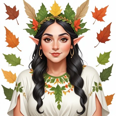 Elegant elf woman surrounded by autumn leaves