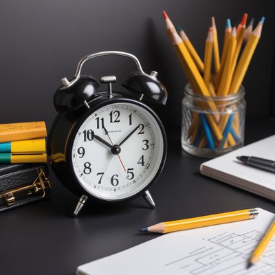 Clock with pencils and papers on a black desk