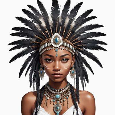 Beautiful woman in traditional tribal attire with feathers