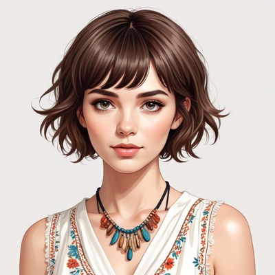 Young woman with short hair wearing a beaded necklace