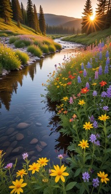 Wildflowers bloom by a tranquil riverside at sunset