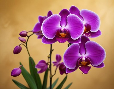 Vibrant purple orchids bloom against a warm background