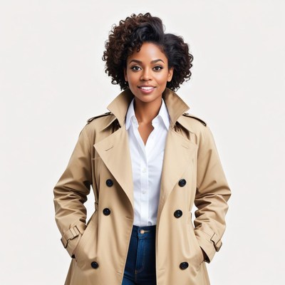 Woman in stylish coat poses confidently in modern setting