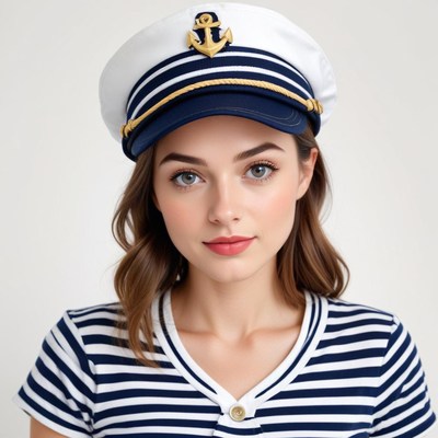 Model wearing striped shirt and captain's hat indoors